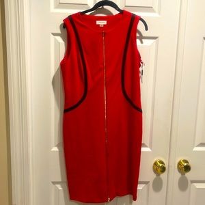 Calvin Klein SZ 12 Red Sleeveless Sheath Dress with black detail and gold zipper